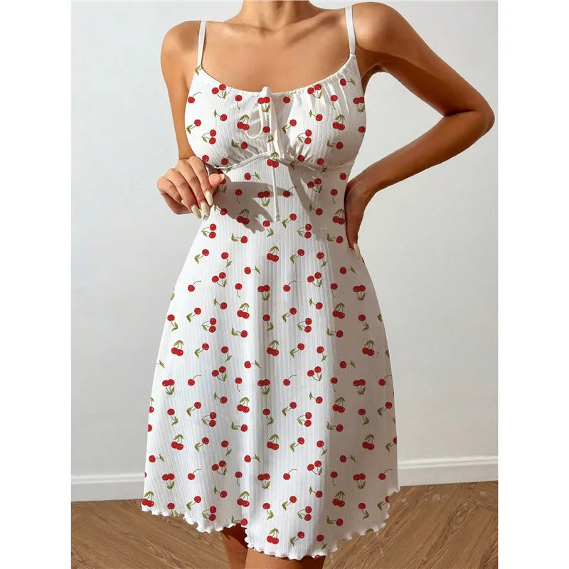 Nightdress Night Gown Heart Printed Halter Neck Pajamas Mini Dress Casual Sleepshirts Nightdress Sleepwear