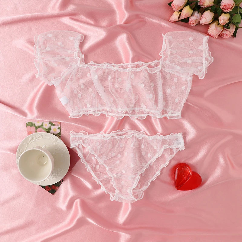 Summer Clothing Seductive Sheer Polka Dot Dreamy Lingerie 2 Pieces Off-Shoulder Seduce Bralette Erotic Tops Panties