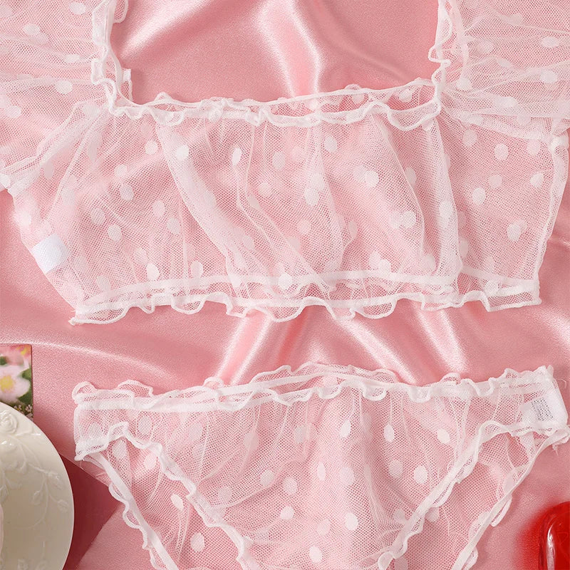 Summer Clothing Seductive Sheer Polka Dot Dreamy Lingerie 2 Pieces Off-Shoulder Seduce Bralette Erotic Tops Panties