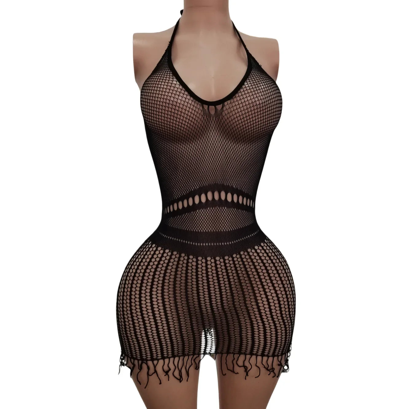 Tassel Trim Off-Shoulder Net Dress Black Backless Elastic Com