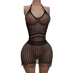 Tassel Trim Off-Shoulder Net Dress Black Backless Elastic Com