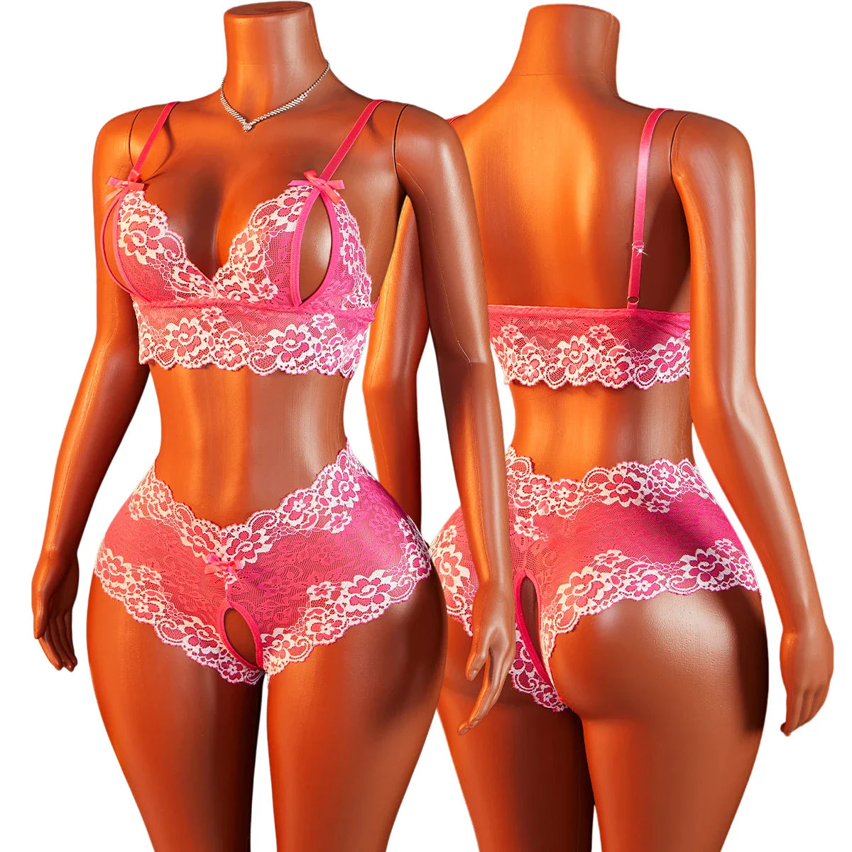 Sheer Floral Lace See Through Open Cup Bra Set Halter Triangle Bralette With Open Crotch Thong Panty 2Pcs Lingerie