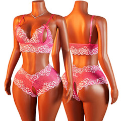 Sheer Floral Lace See Through Open Cup Bra Set Halter Triangle Bralette With Open Crotch Thong Panty 2Pcs Lingerie