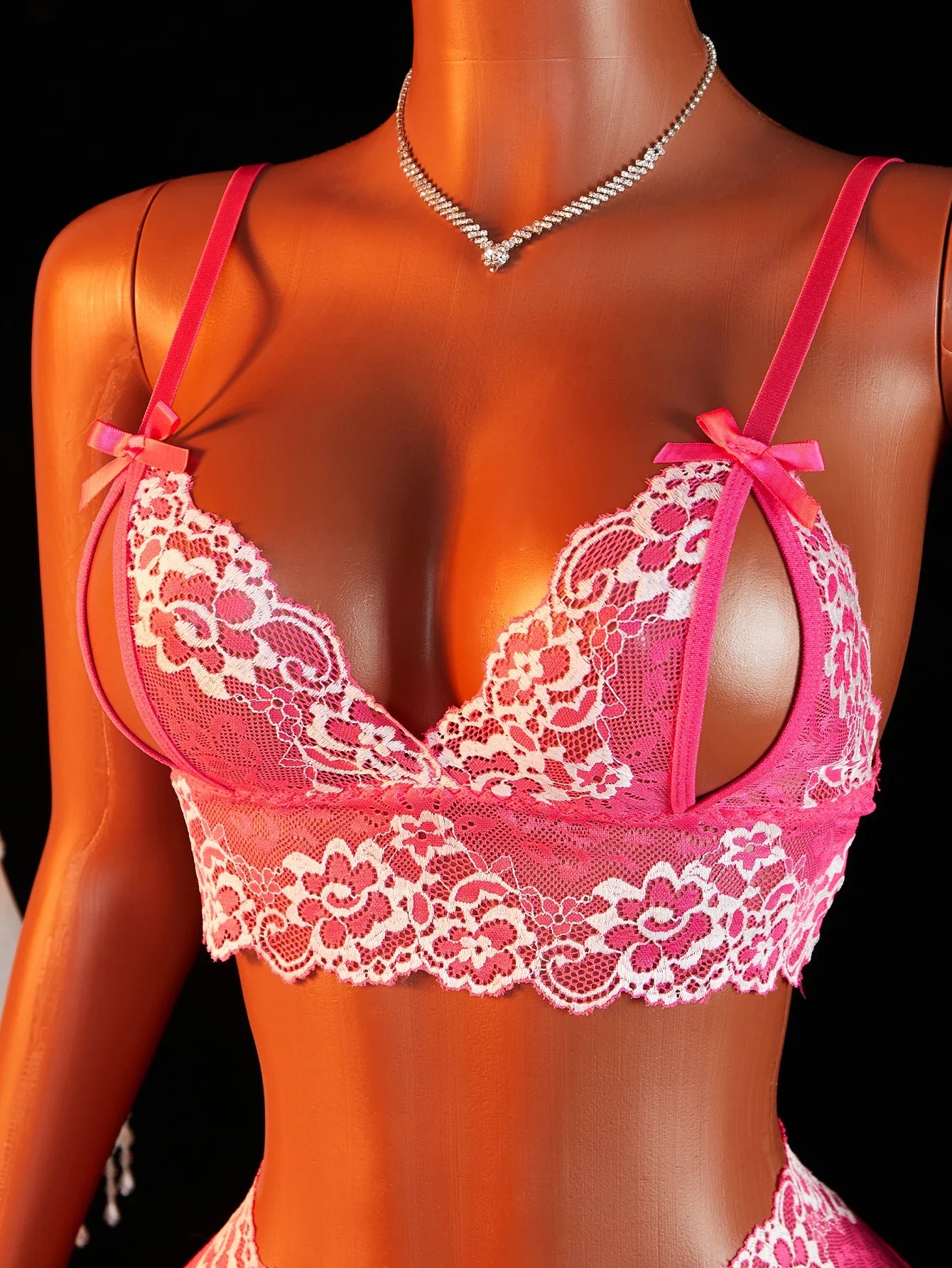 Sheer Floral Lace See Through Open Cup Bra Set Halter Triangle Bralette With Open Crotch Thong Panty 2Pcs Lingerie