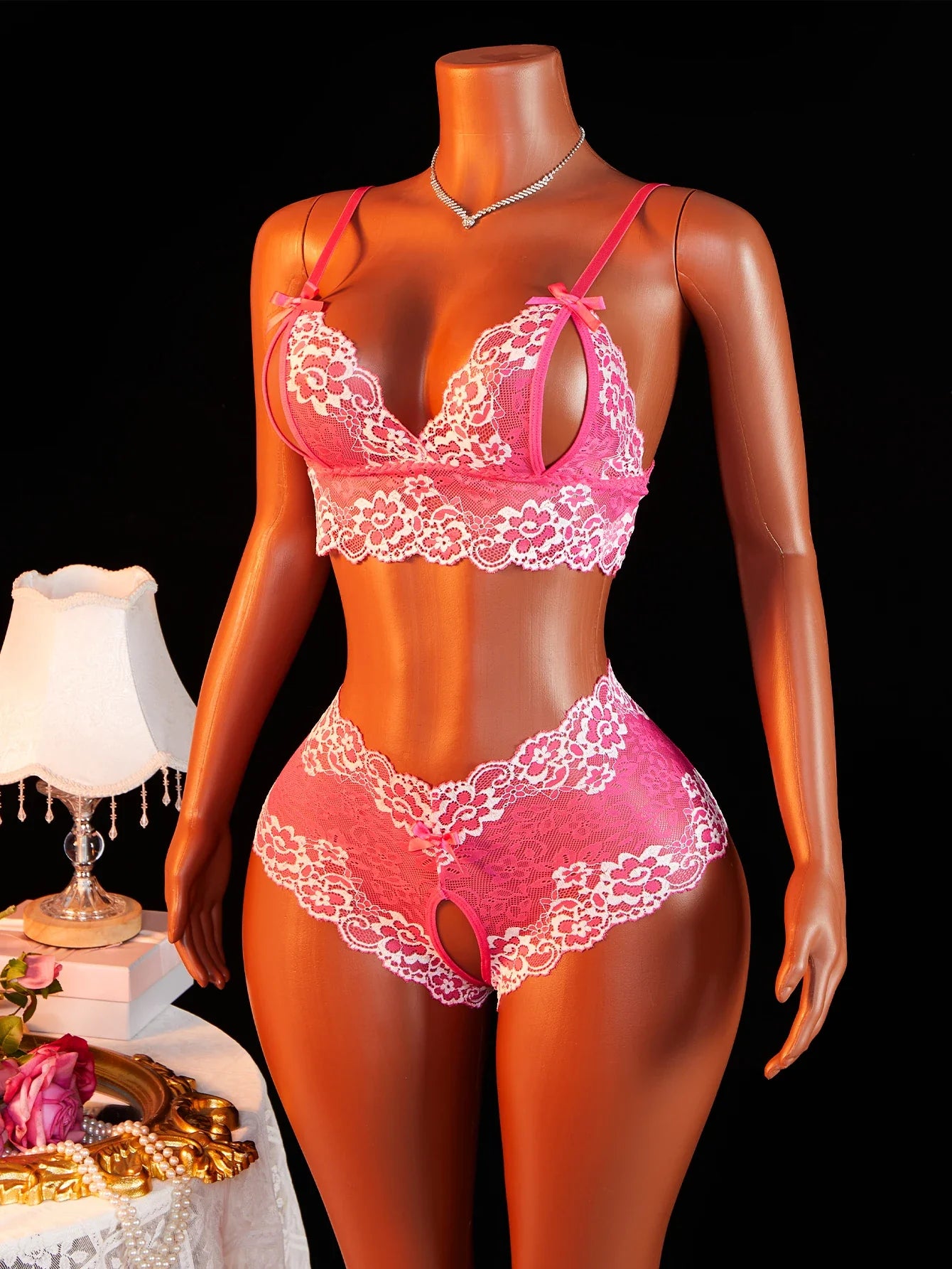 Sheer Floral Lace See Through Open Cup Bra Set Halter Triangle Bralette With Open Crotch Thong Panty 2Pcs Lingerie