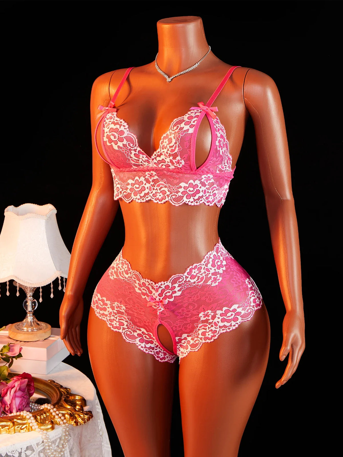 Sheer Floral Lace See Through Open Cup Bra Set Halter Triangle Bralette With Open Crotch Thong Panty 2Pcs Lingerie