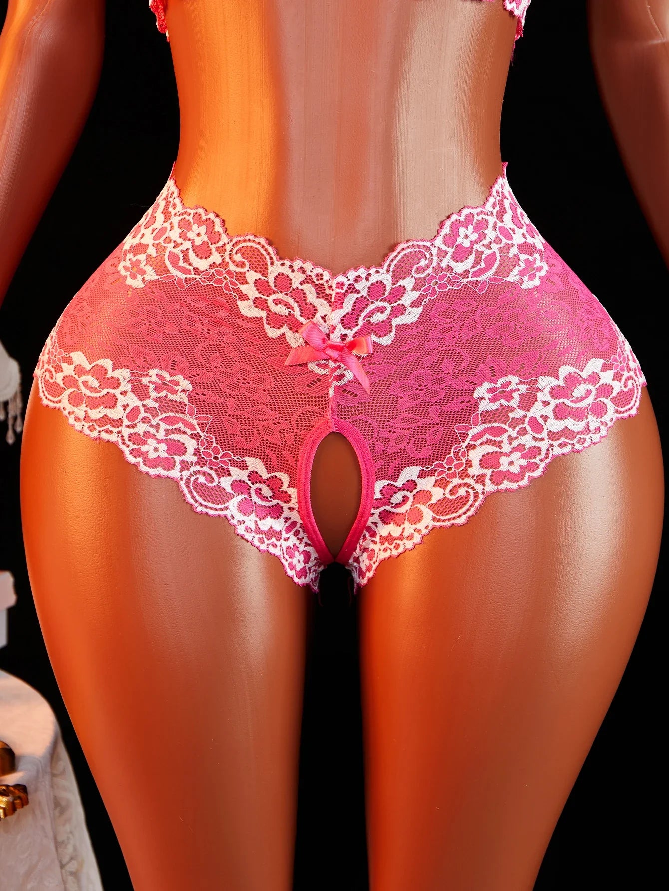 Sheer Floral Lace See Through Open Cup Bra Set Halter Triangle Bralette With Open Crotch Thong Panty 2Pcs Lingerie