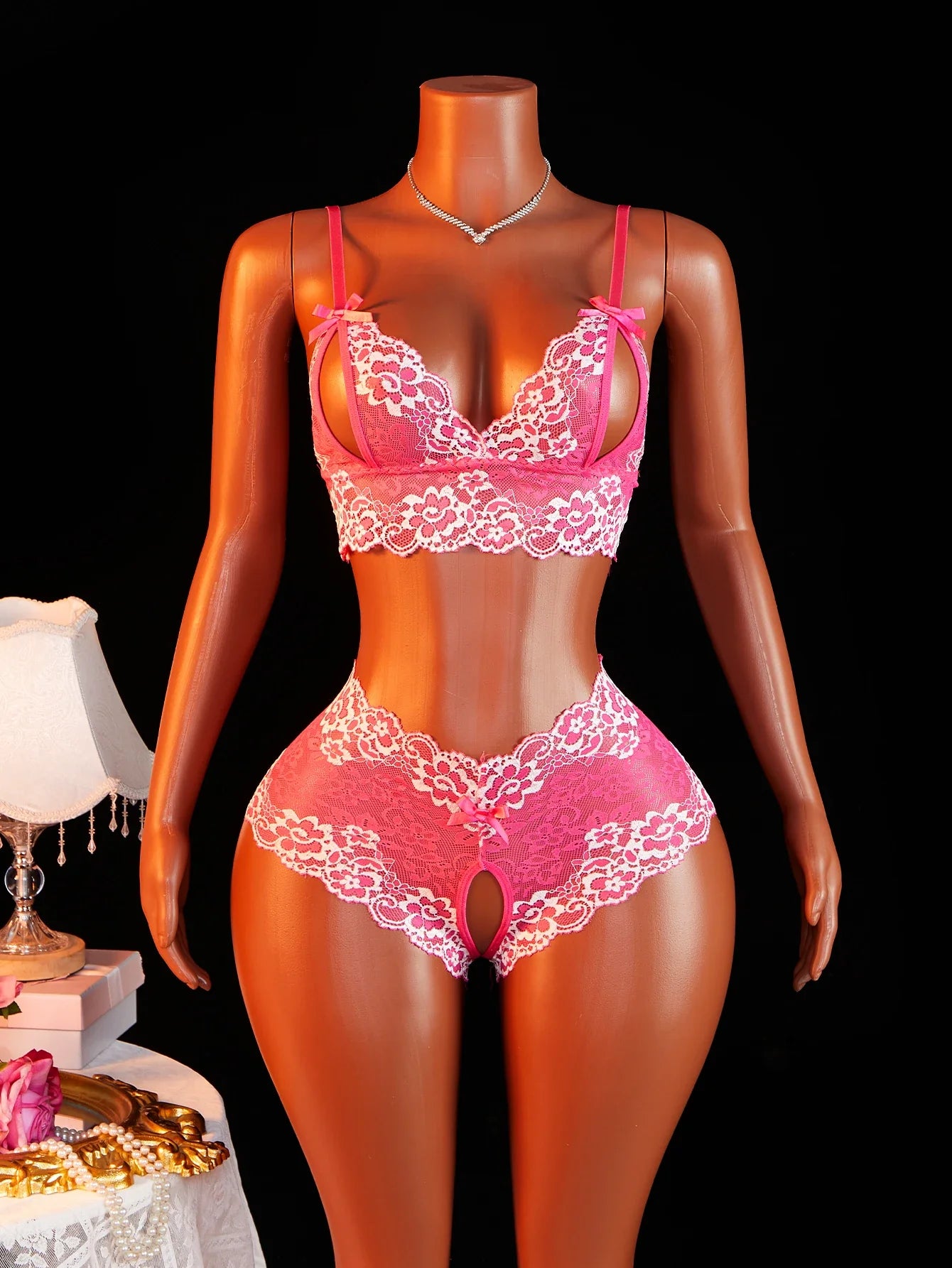 Sheer Floral Lace See Through Open Cup Bra Set Halter Triangle Bralette With Open Crotch Thong Panty 2Pcs Lingerie