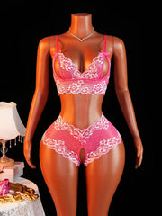 Sheer Floral Lace See Through Open Cup Bra Set Halter Triangle Bralette With Open Crotch Thong Panty 2Pcs Lingerie