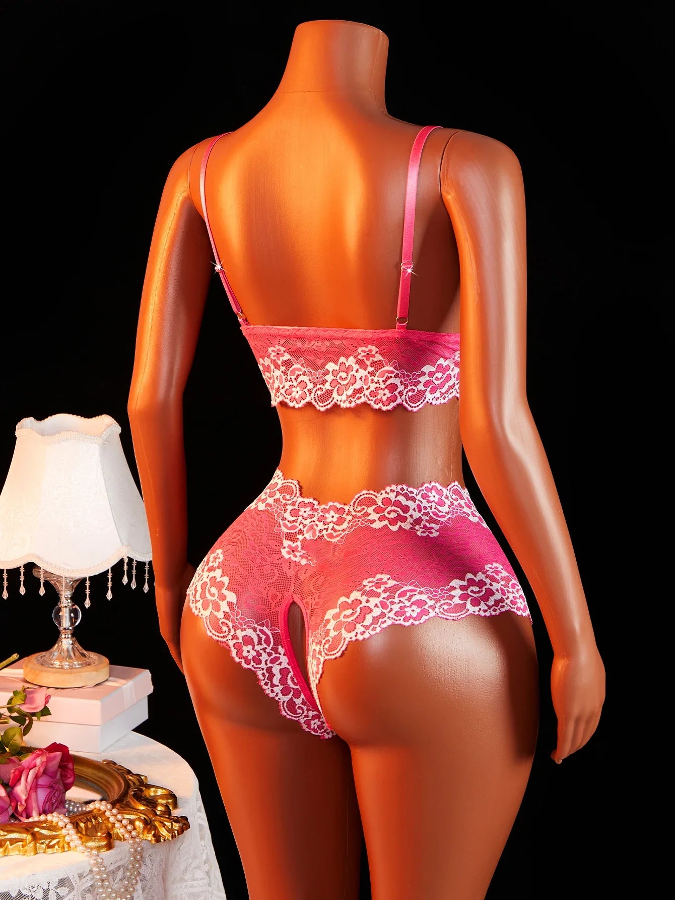Sheer Floral Lace See Through Open Cup Bra Set Halter Triangle Bralette With Open Crotch Thong Panty 2Pcs Lingerie
