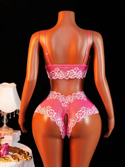 Sheer Floral Lace See Through Open Cup Bra Set Halter Triangle Bralette With Open Crotch Thong Panty 2Pcs Lingerie
