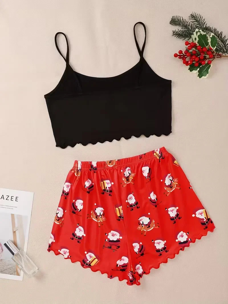Sleepwear Christmas Santa Print Pajama Set Spaghetti Strap Crew Neck Top and Shorts Set Home Wear Loungewear