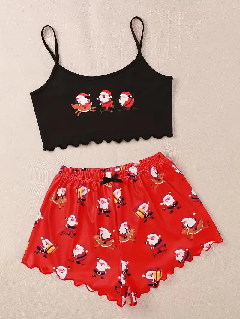 Sleepwear Christmas Santa Print Pajama Set Spaghetti Strap Crew Neck Top and Shorts Set Home Wear Loungewear