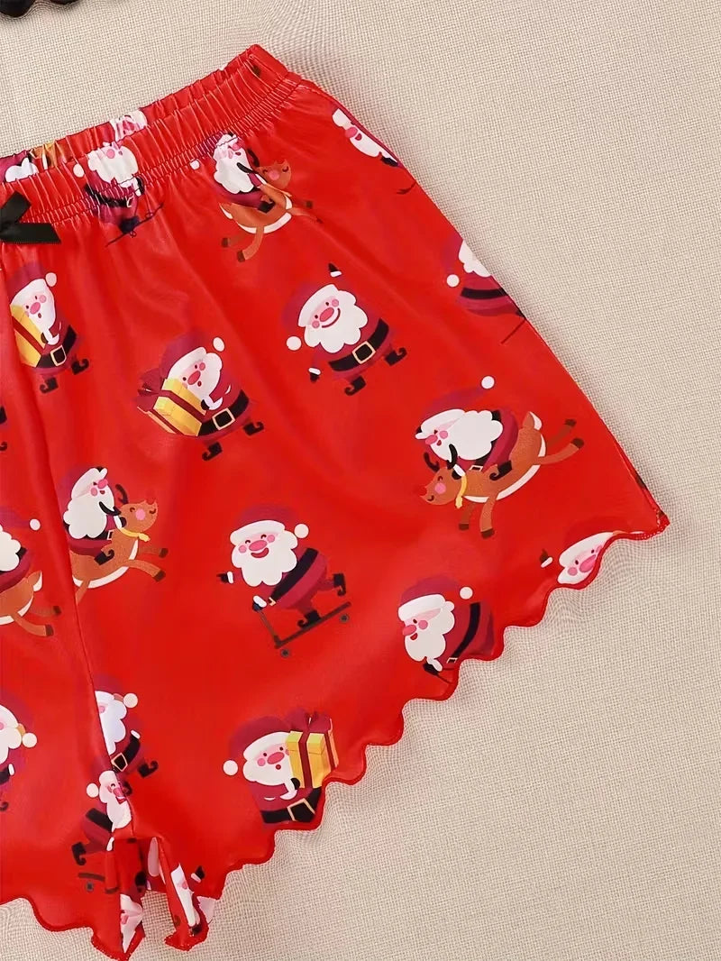 Sleepwear Christmas Santa Print Pajama Set Spaghetti Strap Crew Neck Top and Shorts Set Home Wear Loungewear