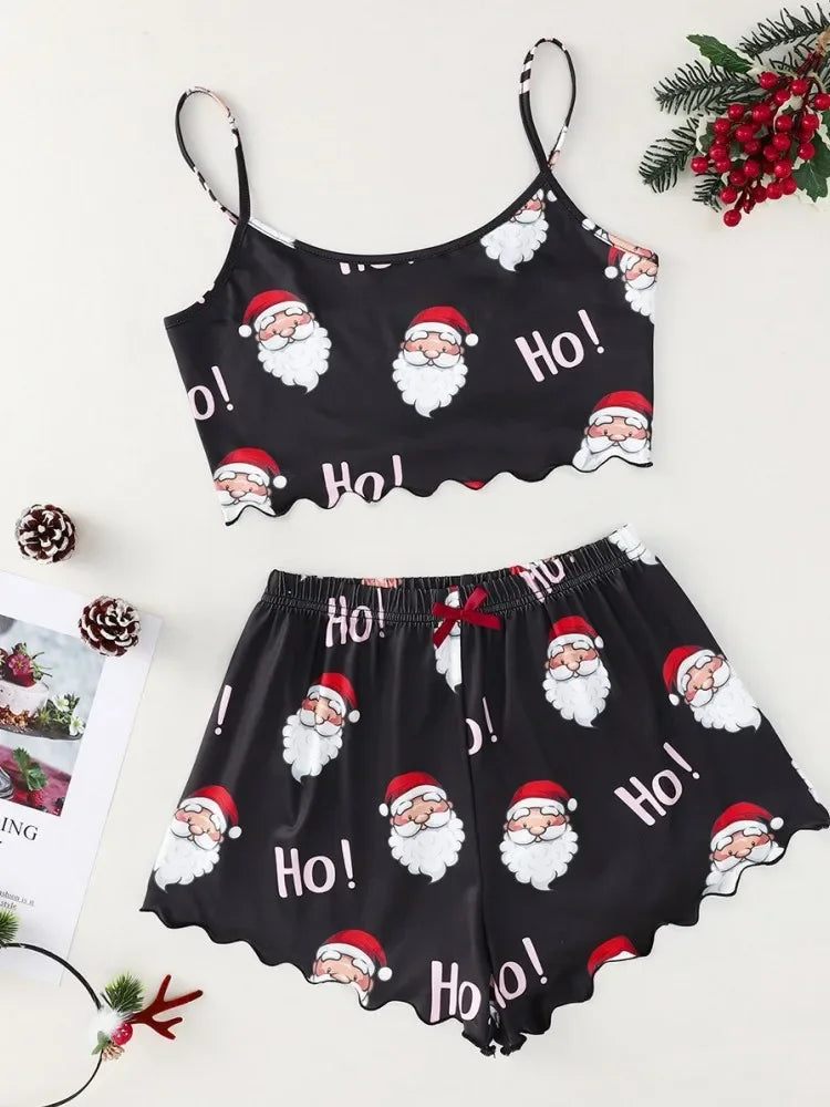 Sleepwear Christmas Santa Print Pajama Set Spaghetti Strap Crew Neck Top and Shorts Set Home Wear Loungewear