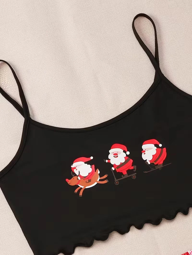 Sleepwear Christmas Santa Print Pajama Set Spaghetti Strap Crew Neck Top and Shorts Set Home Wear Loungewear