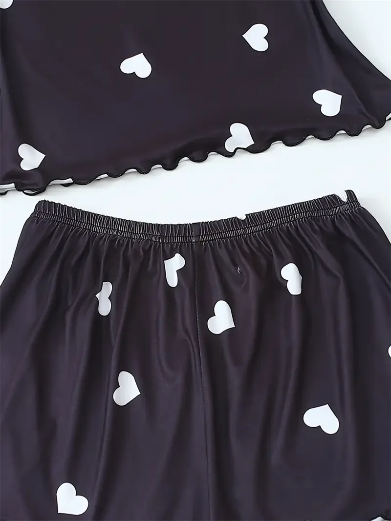 Two-Piece Pajama Sets Summer Sleepwear Suspender Heart Printed Top and Shorts Casual Home Clothes Loungewear