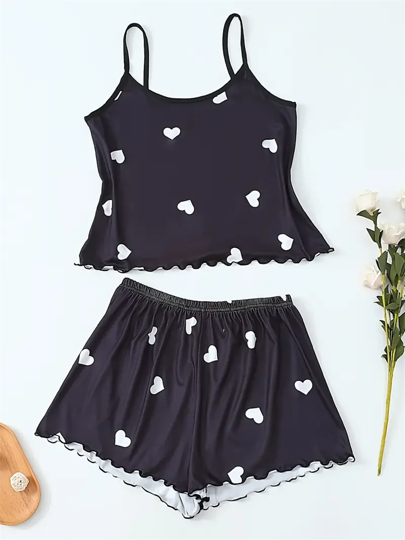 Two-Piece Pajama Sets Summer Sleepwear Suspender Heart Printed Top and Shorts Casual Home Clothes Loungewear