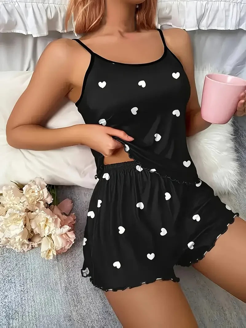 Two-Piece Pajama Sets Summer Sleepwear Suspender Heart Printed Top and Shorts Casual Home Clothes Loungewear