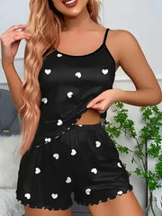 Two-Piece Pajama Sets Summer Sleepwear Suspender Heart Printed Top and Shorts Casual Home Clothes Loungewear