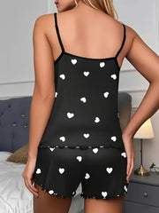Two-Piece Pajama Sets Summer Sleepwear Suspender Heart Printed Top and Shorts Casual Home Clothes Loungewear