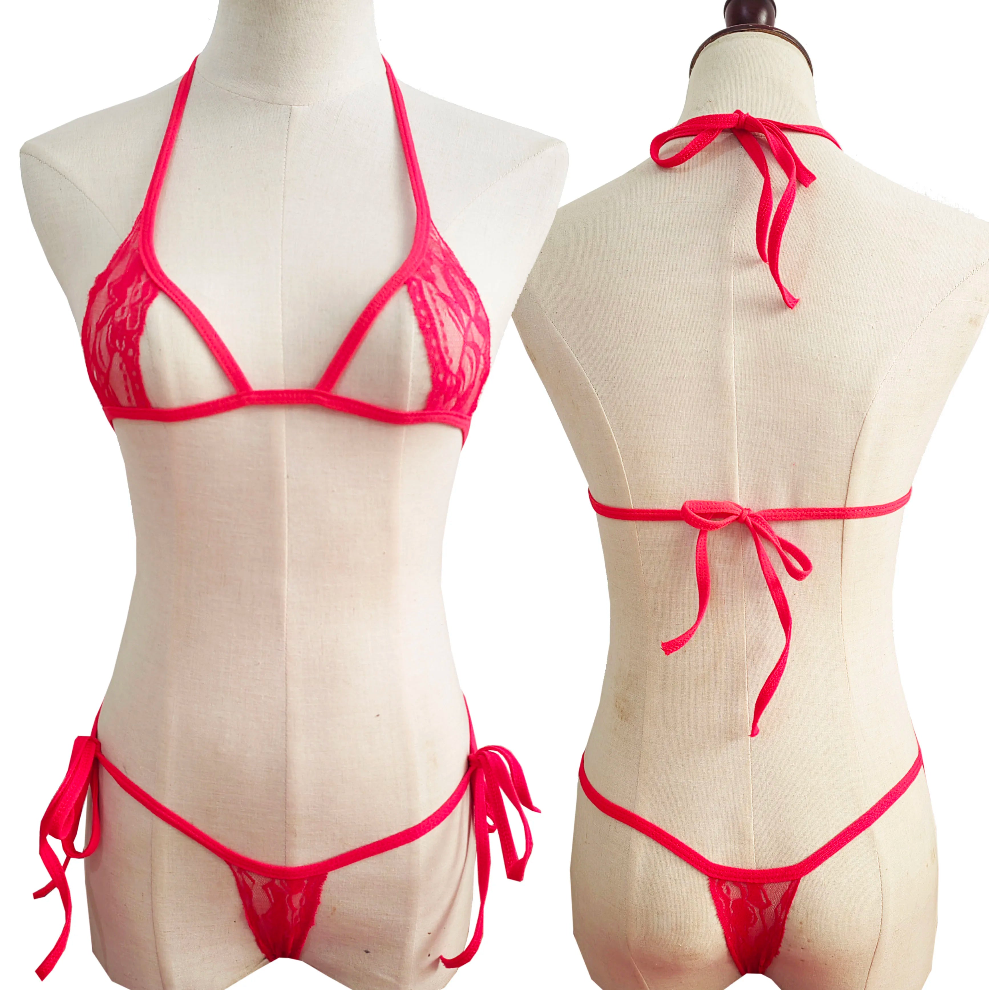 lace lingerie three-piece bikini hollow-out set with tie-up see-through lingerie and swimwear set
