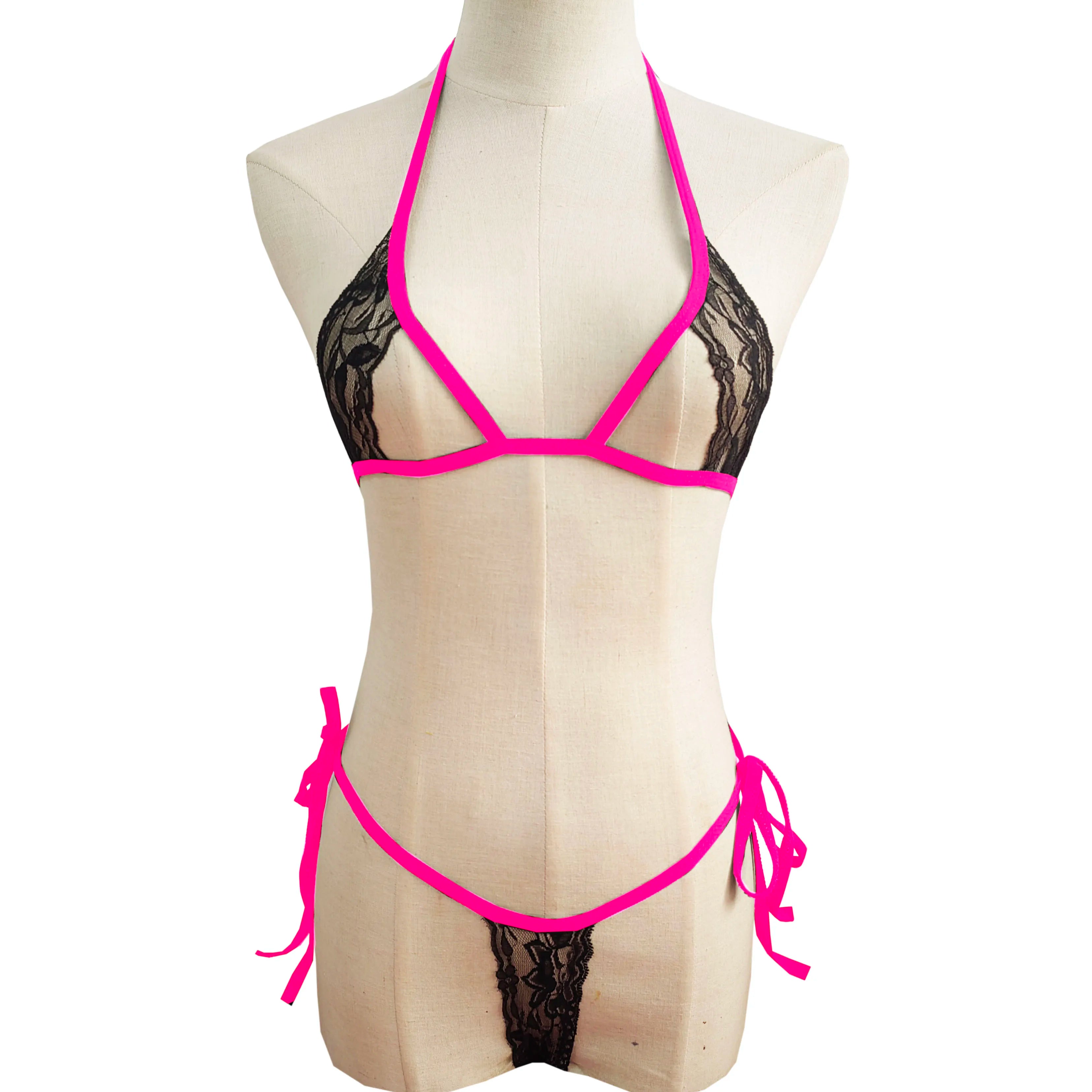 lace lingerie three-piece bikini hollow-out set with tie-up see-through lingerie and swimwear set