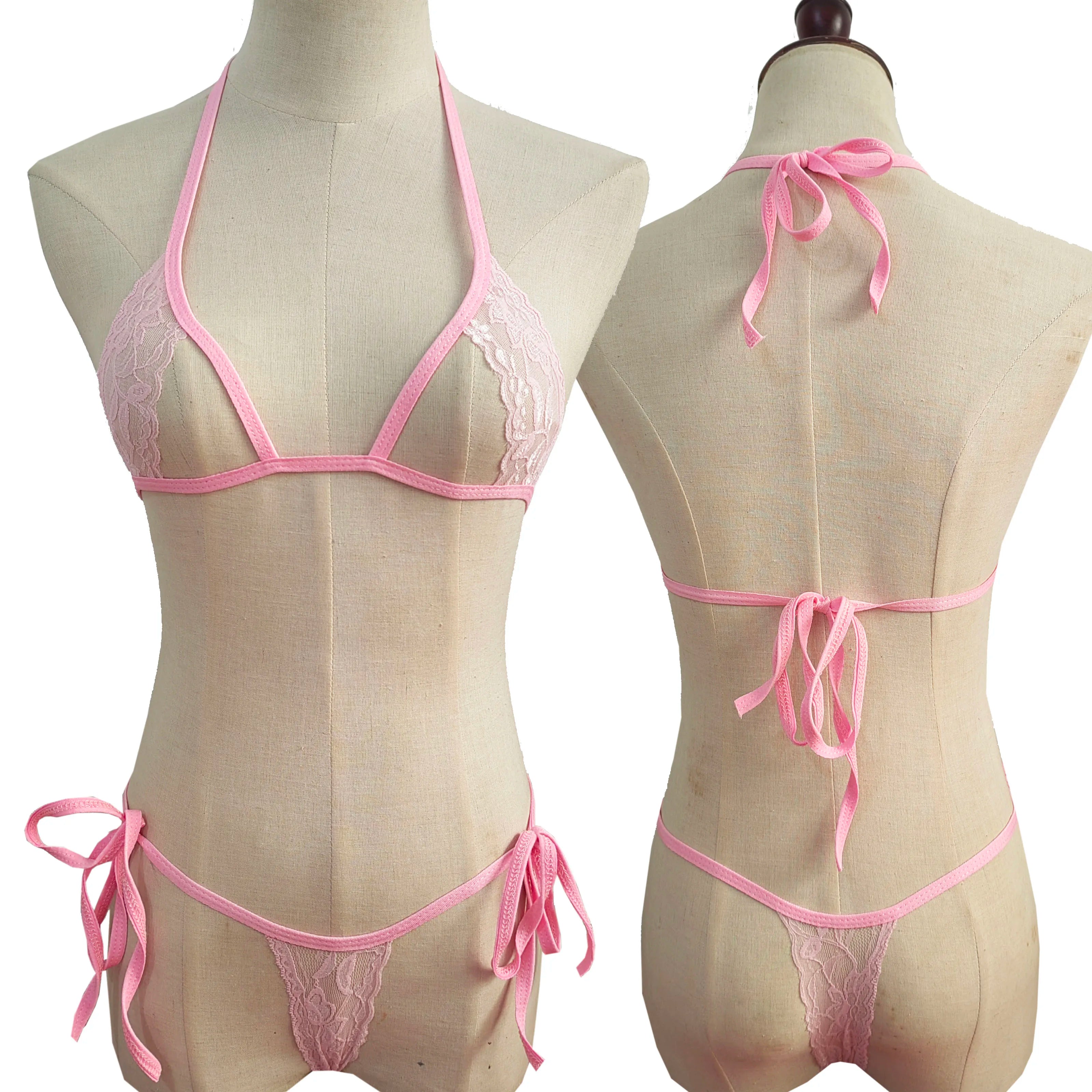 lace lingerie three-piece bikini hollow-out set with tie-up see-through lingerie and swimwear set