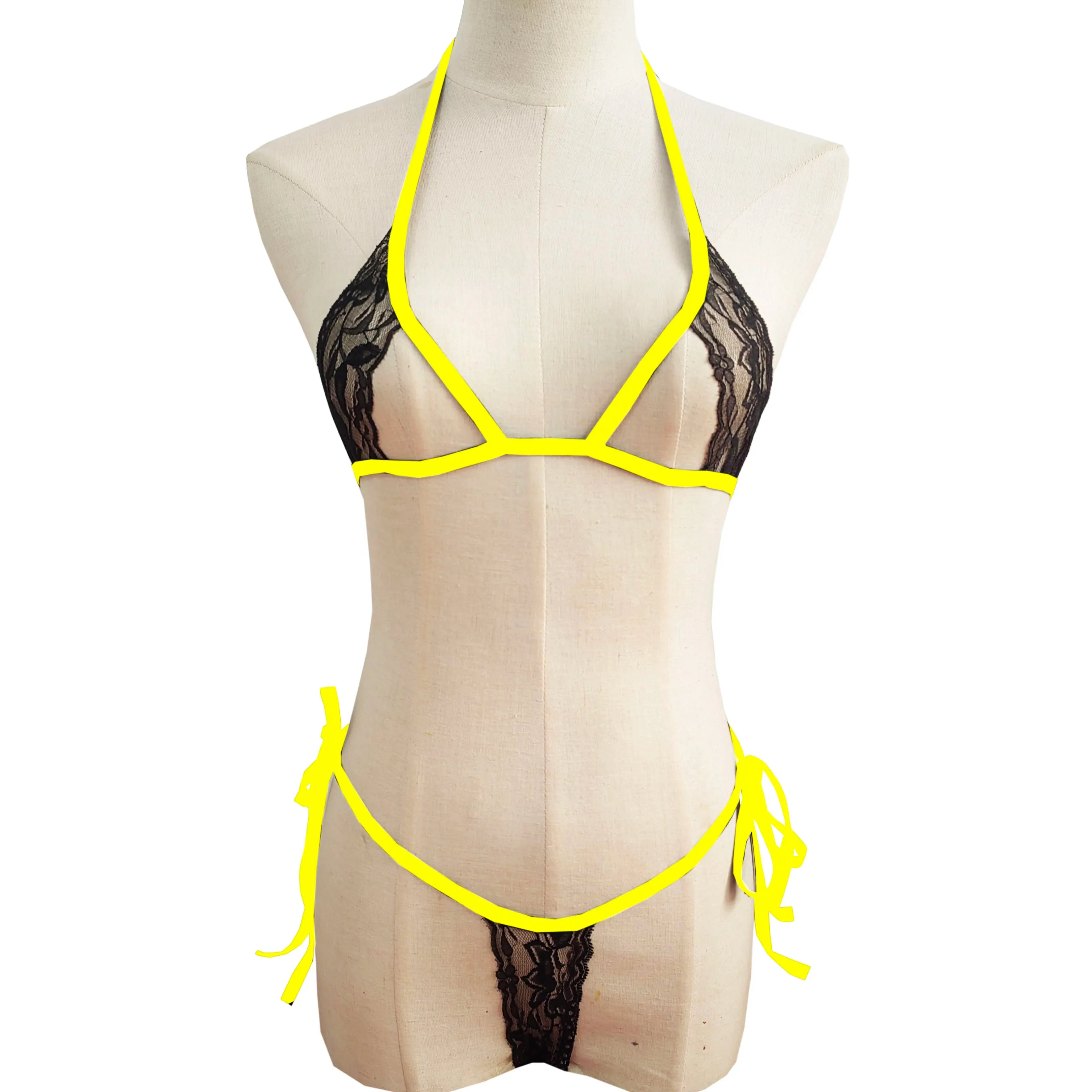 lace lingerie three-piece bikini hollow-out set with tie-up see-through lingerie and swimwear set