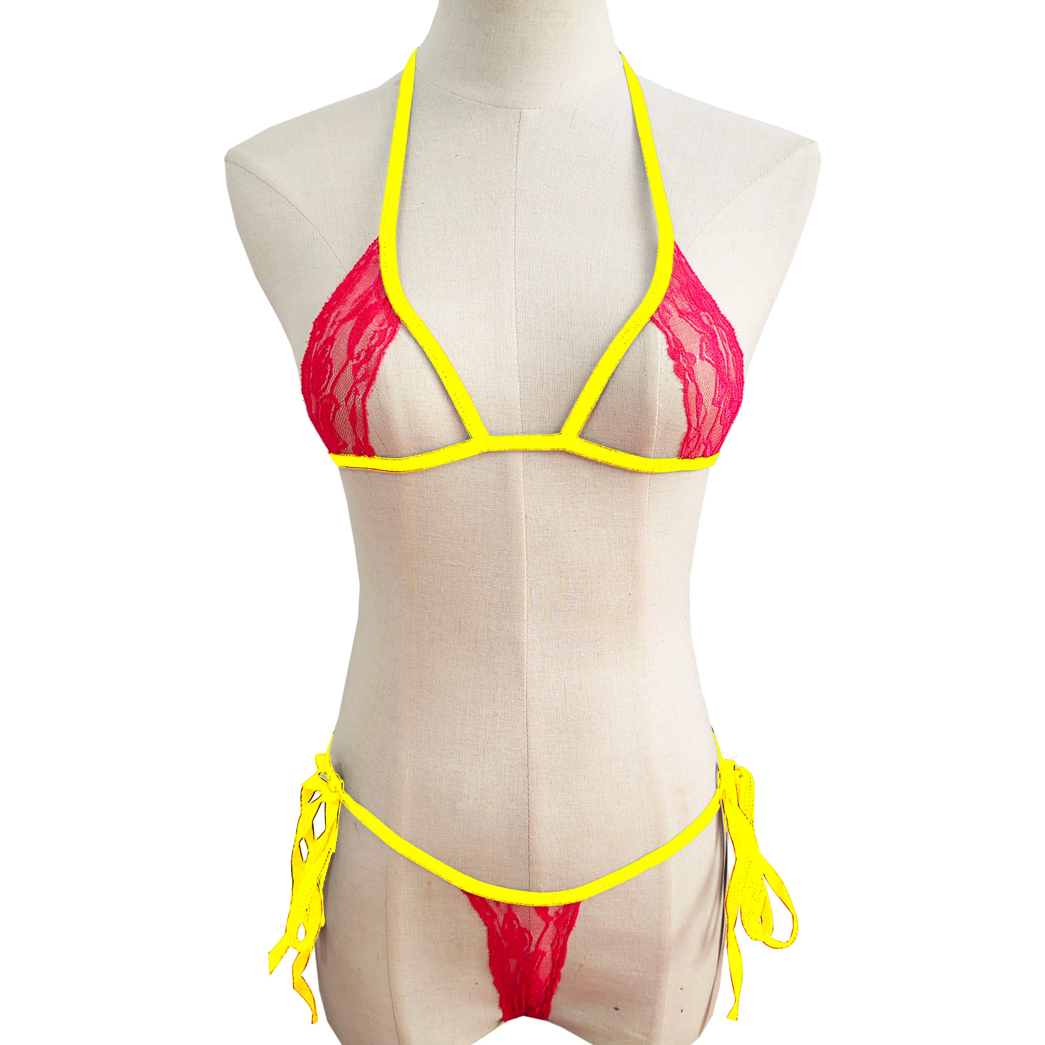 lace lingerie three-piece bikini hollow-out set with tie-up see-through lingerie and swimwear set