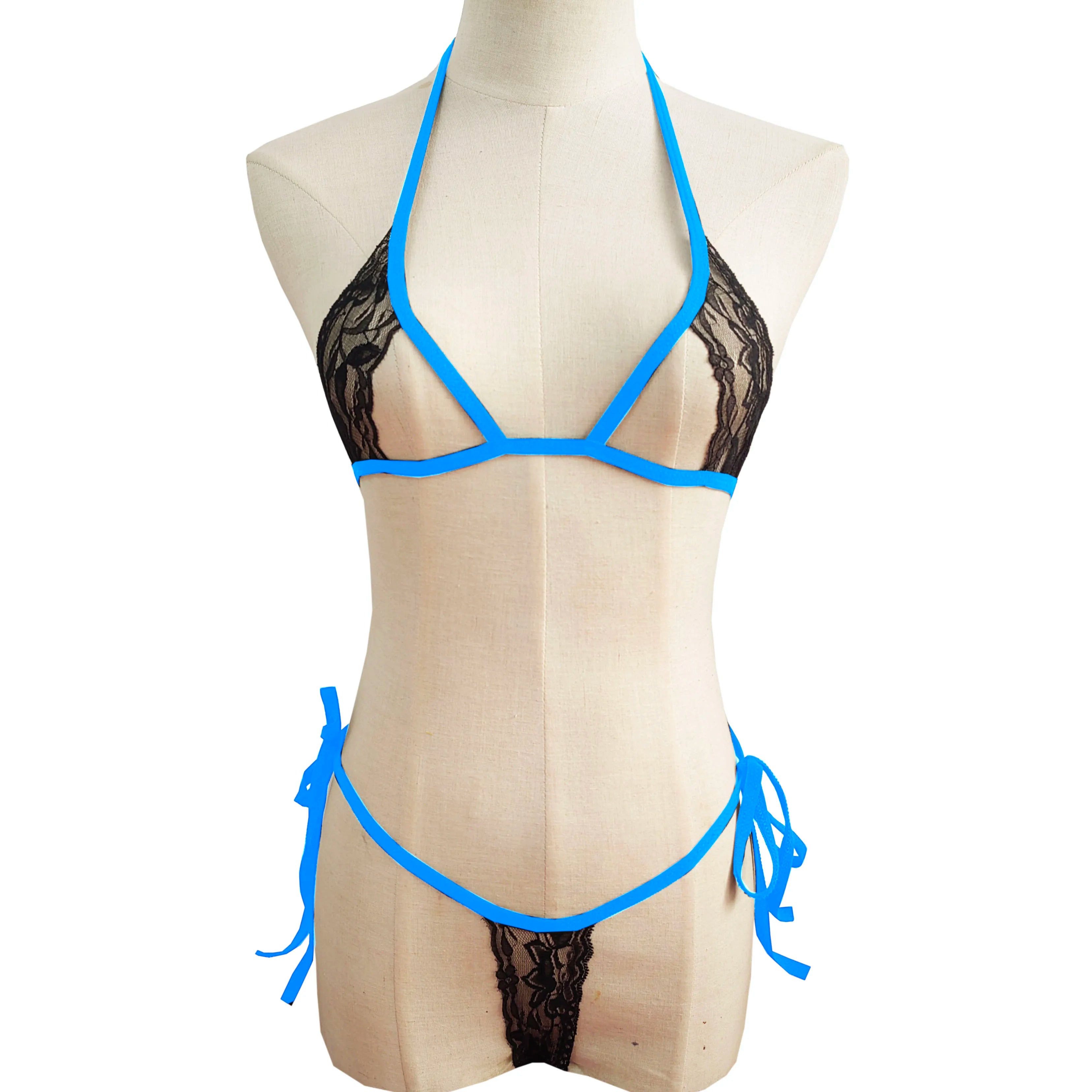 lace lingerie three-piece bikini hollow-out set with tie-up see-through lingerie and swimwear set