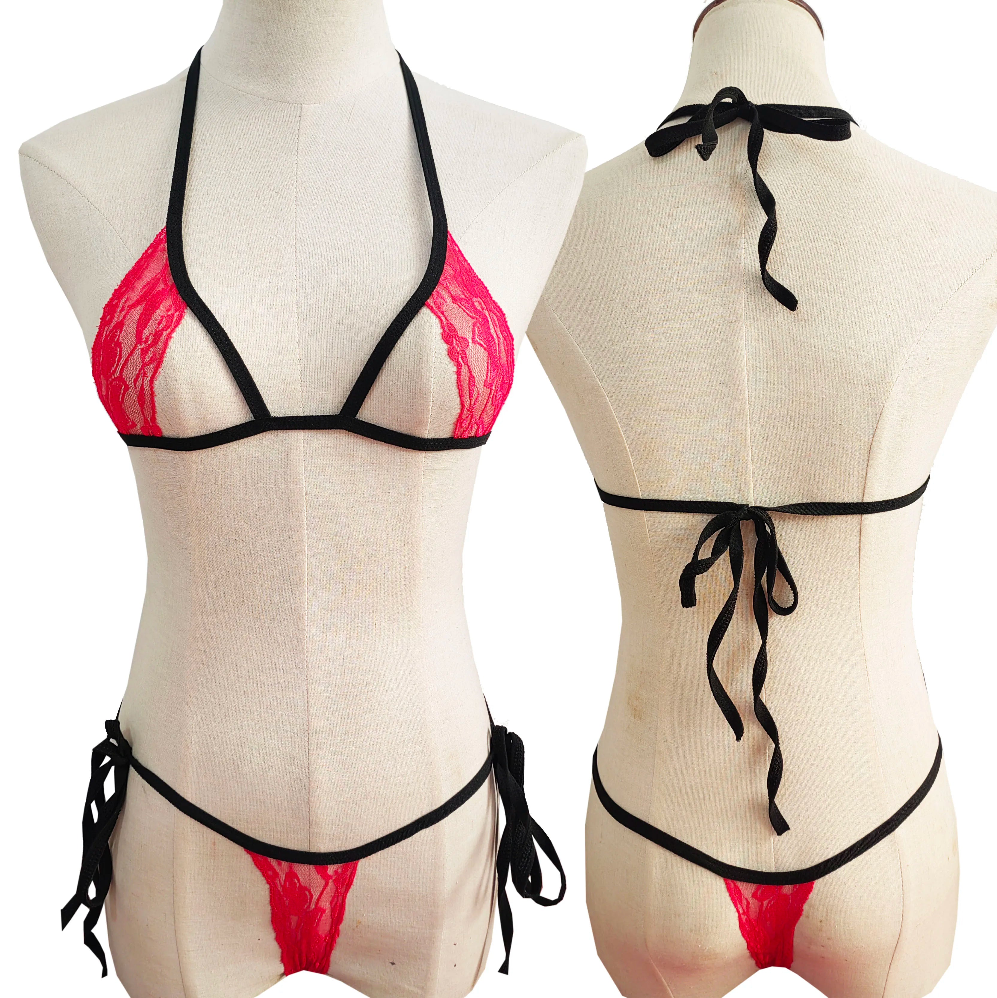 lace lingerie three-piece bikini hollow-out set with tie-up see-through lingerie and swimwear set