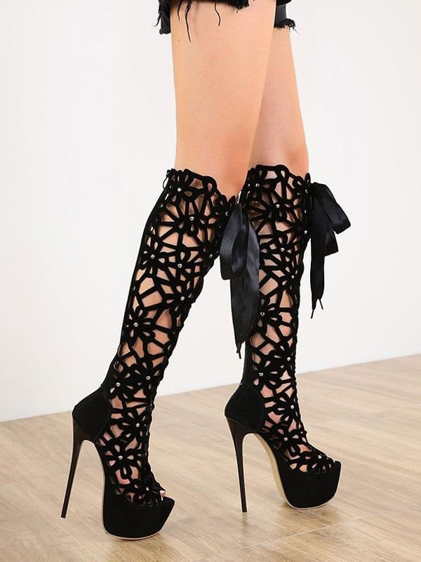 Women's Hollow Out Lace Up Summer Knee High Boots with Platform