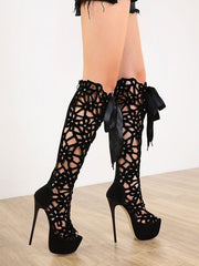 Women's Hollow Out Lace Up Summer Knee High Boots with Platform