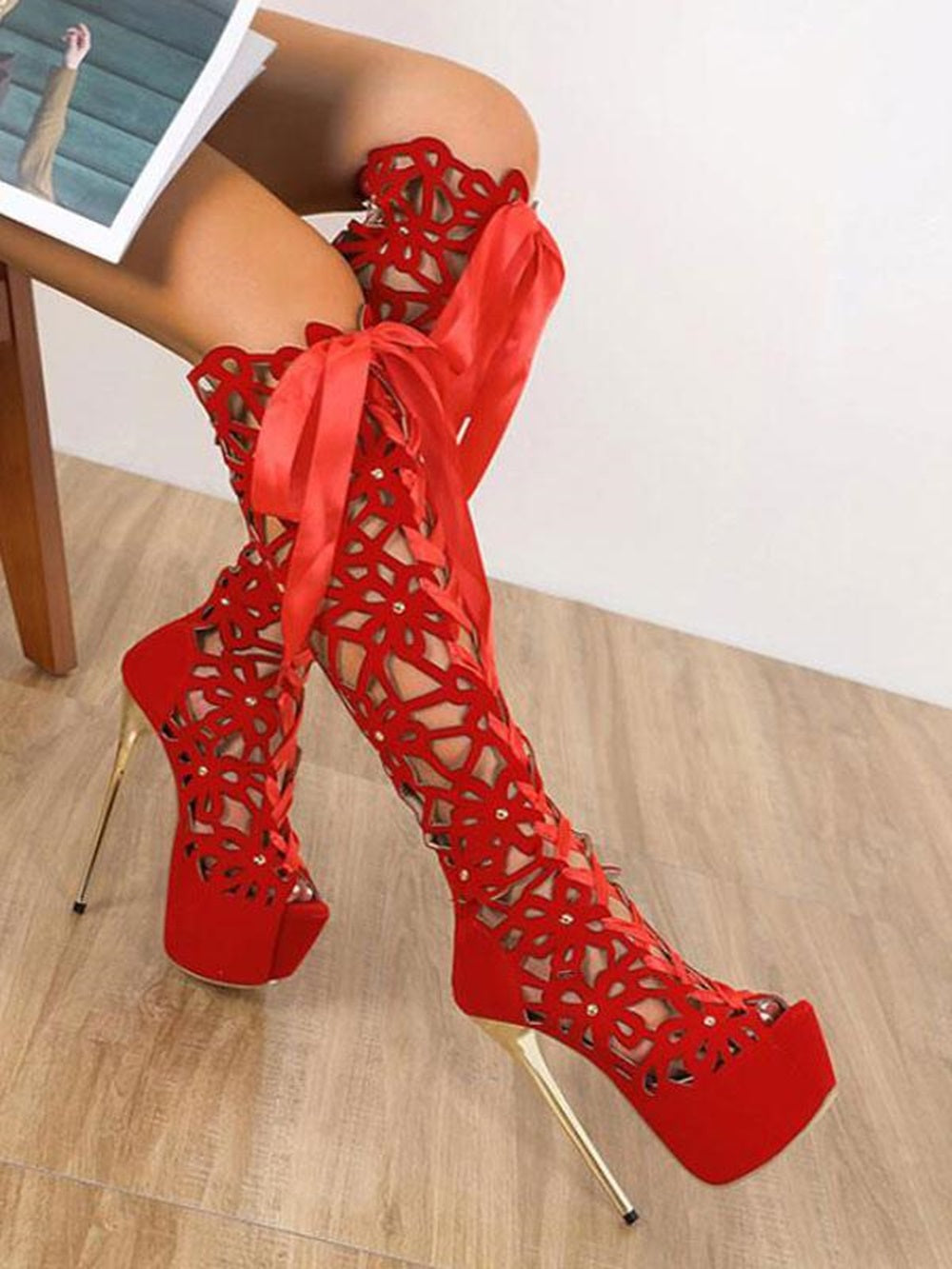 Women's Hollow Out Lace Up Summer Knee High Boots with Platform