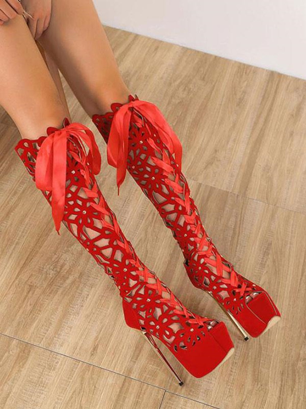 Women's Hollow Out Lace Up Summer Knee High Boots with Platform