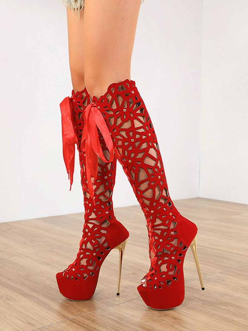 Women's Hollow Out Lace Up Summer Knee High Boots with Platform