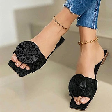 Woven-Look Slides Decorative Disc Trim Square Toes
