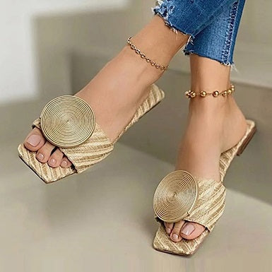 Woven-Look Slides Decorative Disc Trim Square Toes