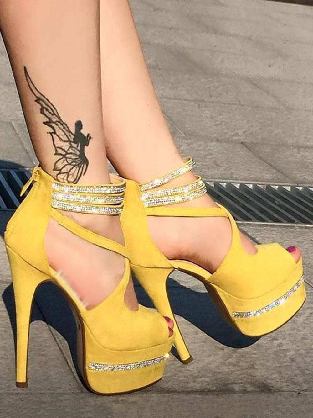 Yellow Sandals Peep Toe Stiletto Heel Nubuck Rhinestones Women's Sandal Shoe