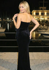 Strapless Floral Detail Maxi Velvet Dress Black