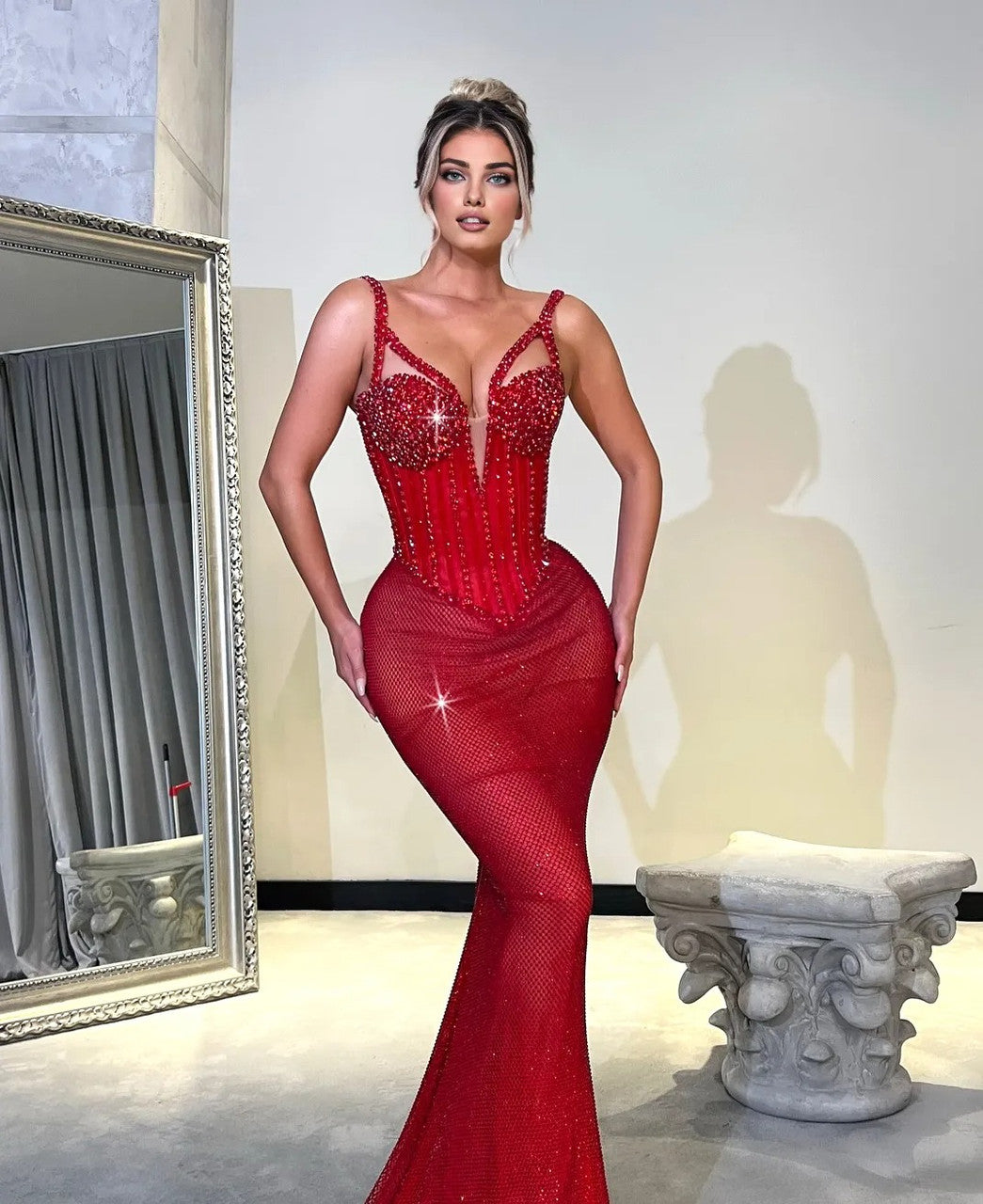 Sequin Corset Sparkly Maxi Dress Red