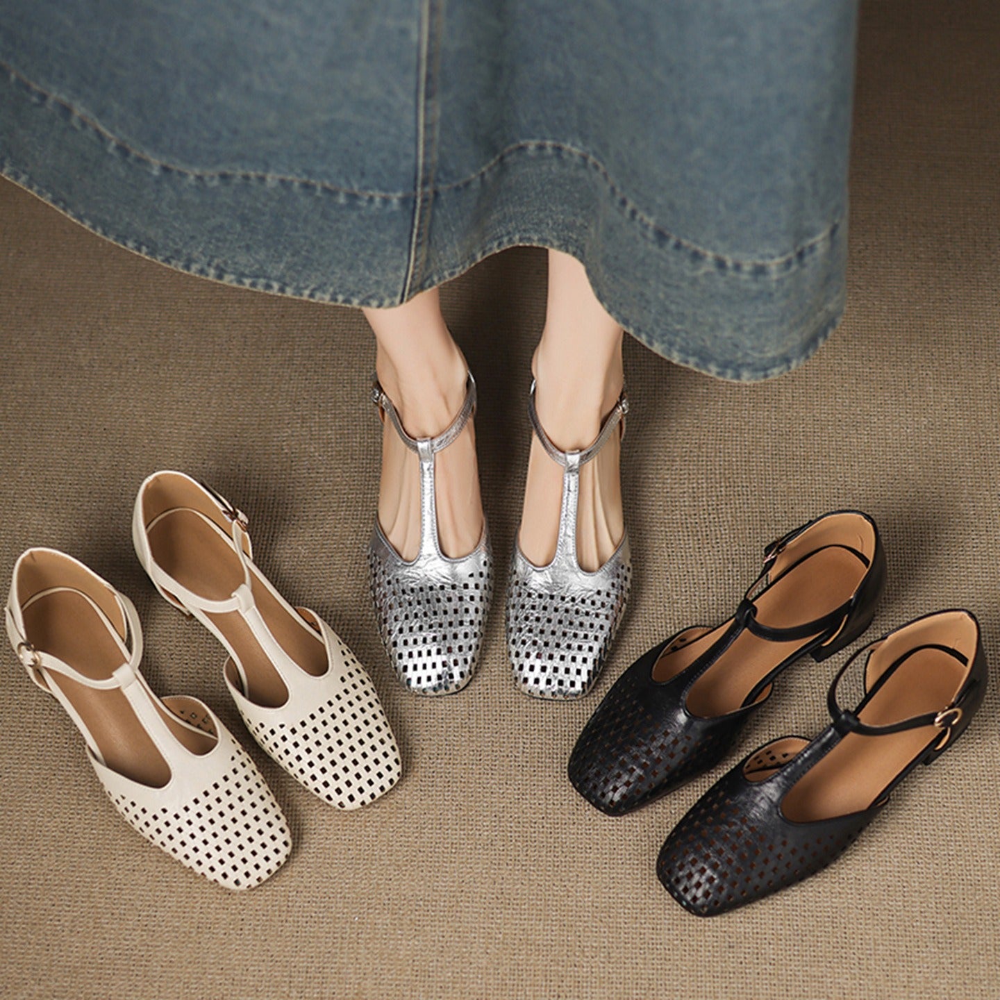 Formal Hollow-Out Cow Leather Narrow Band Round Toe High Quality Flats Sandals