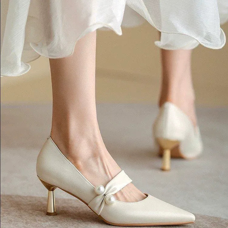Sling- back Pearl Sheep Suede Leather Pointed Toe Thin Heel Sandals