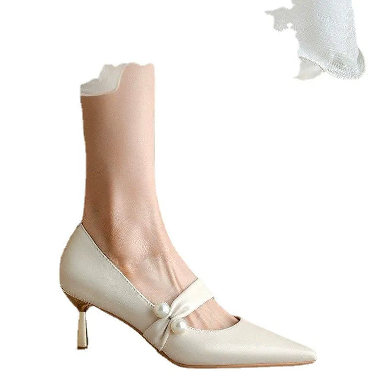 Sling- back Pearl Sheep Suede Leather Pointed Toe Thin Heel Sandals