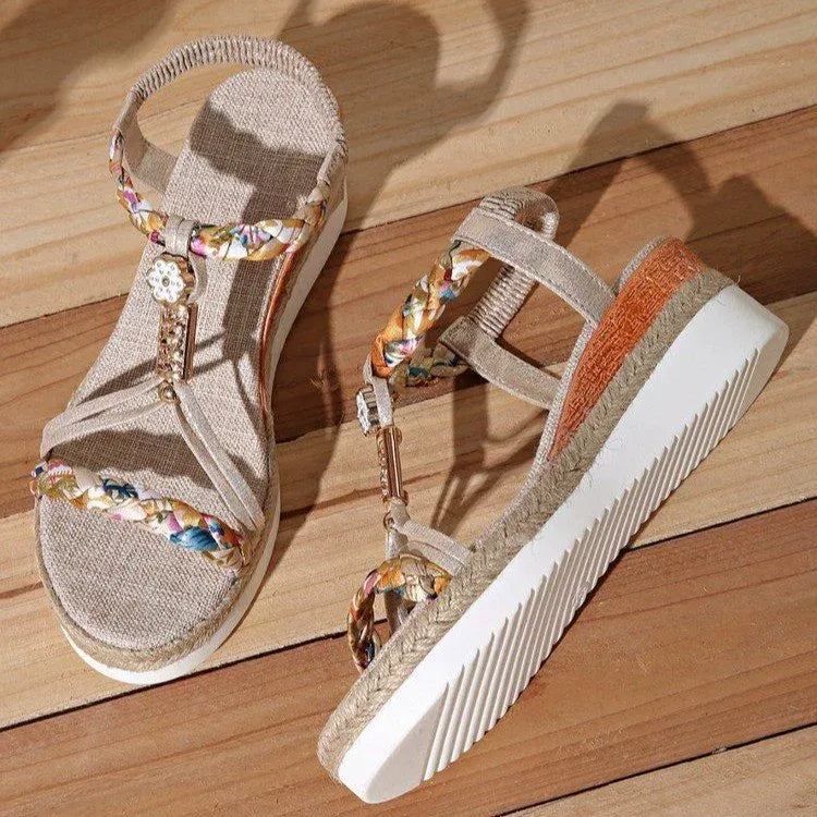 Casual  Floral Printing Flat Slip On Beach Braided Band Bohemian Sandals