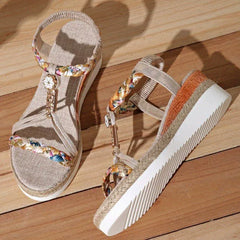 Casual  Floral Printing Flat Slip On Beach Braided Band Bohemian Sandals