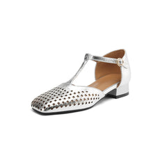 Formal Hollow-Out Cow Leather Narrow Band Round Toe High Quality Flats Sandals