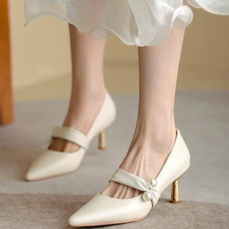 Sling- back Pearl Sheep Suede Leather Pointed Toe Thin Heel Sandals