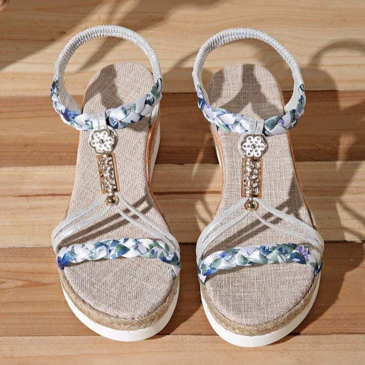 Casual  Floral Printing Flat Slip On Beach Braided Band Bohemian Sandals
